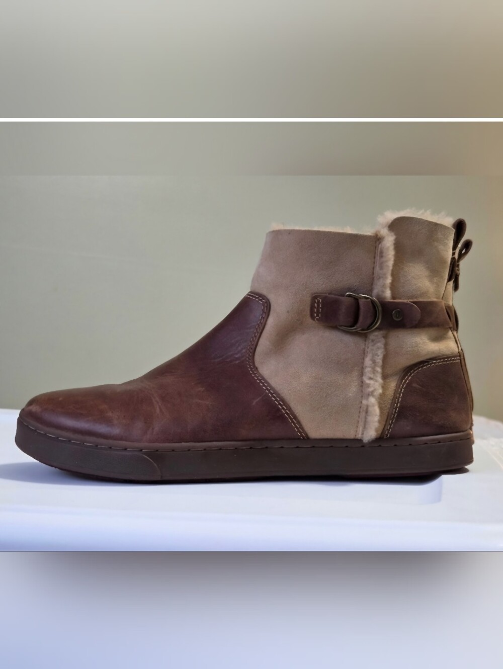 NEW Olukai Tan/Brown Suede Wool Shearling Ankle Boots Sz 11 Boho Cottagecore